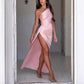 Sexy One-shoulder Backless Slit Dress Summer Elegant Slim-fit Solid Color Satin Dresses For Women